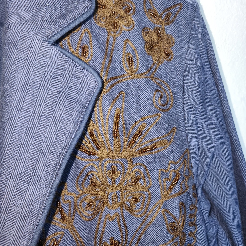 Coldwater Creek Blazer L Blue Bronze Embroidered Beaded Cotton Herringbone - Picture 7 of 13